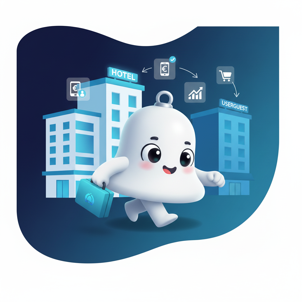 TinyBell mascot walking with briefcase comparing booking tools