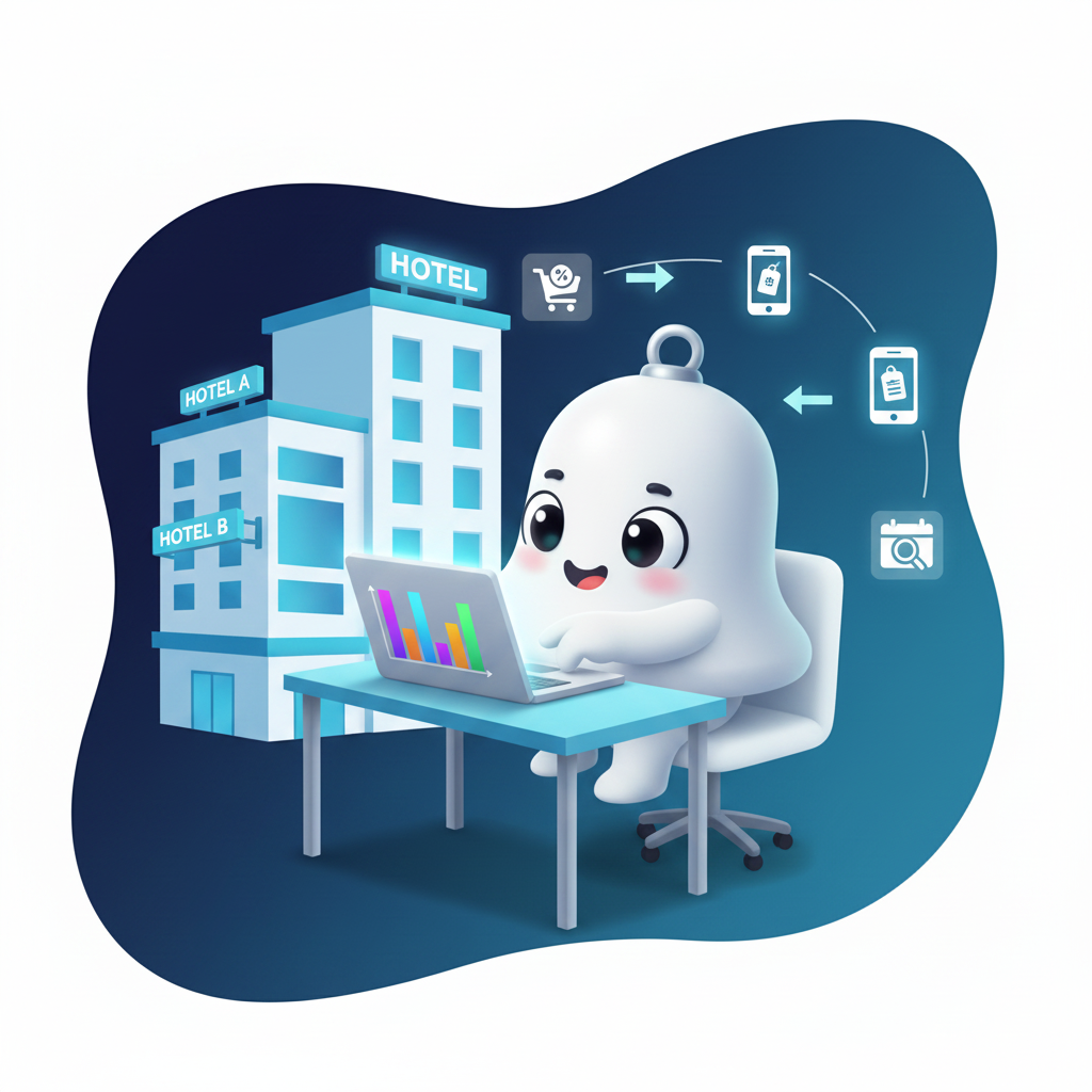 TinyBell mascot sitting at desk comparing direct booking widgets