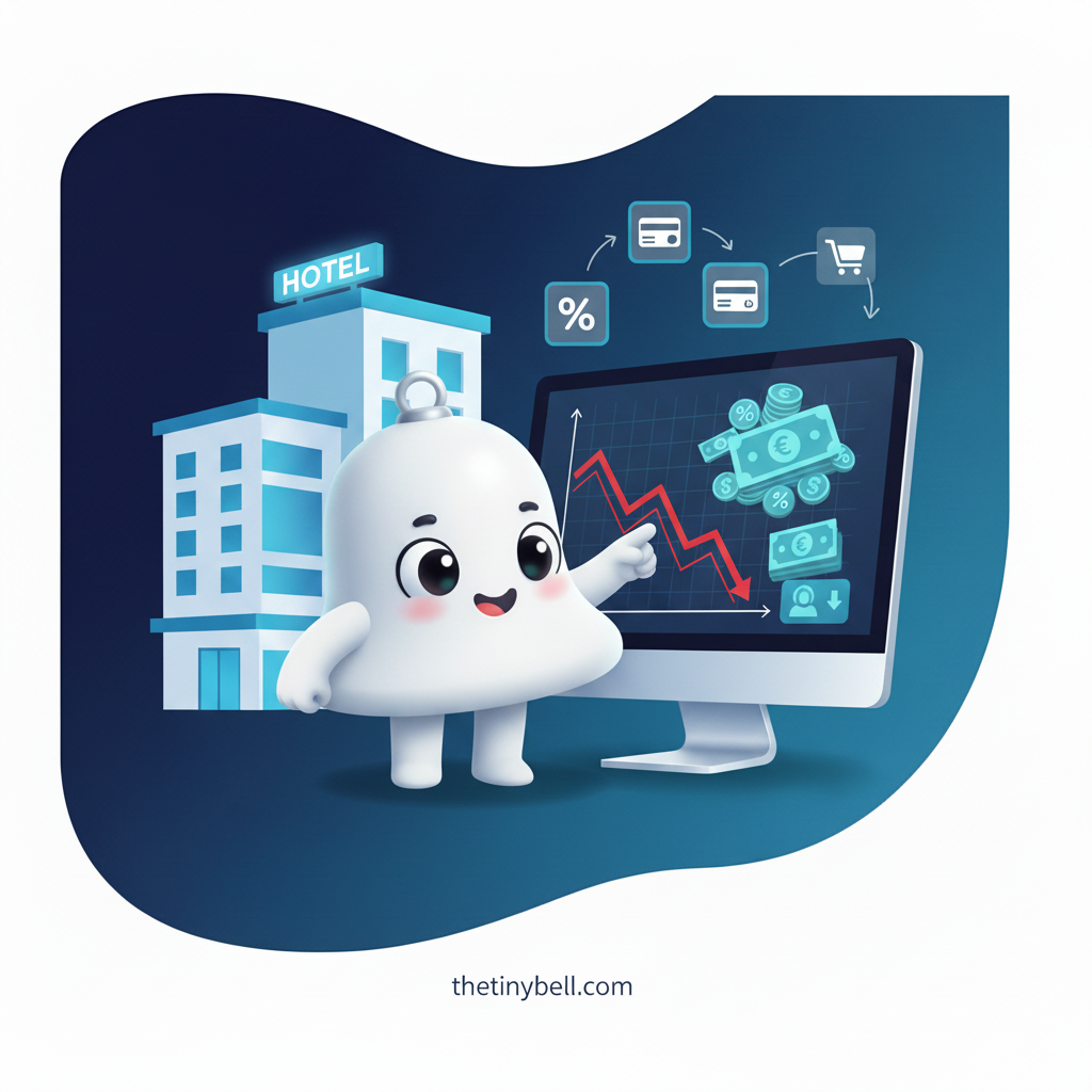 TinyBell mascot next to a calculator showing compound discount math with hotel building