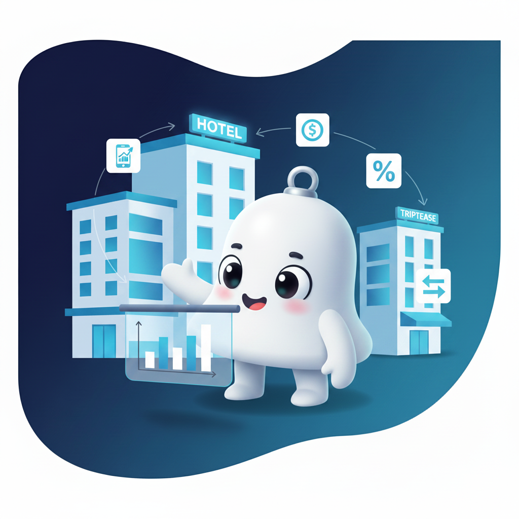 TinyBell mascot presenting hotel booking platform comparison